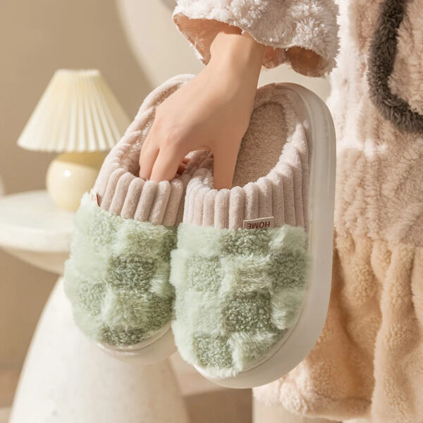 Plaid Plush Slippers Women's Indoor Plush Home Slippers Soft Sole Thick Non-Slip Warm House Shoes Couple Autumn And Winter - Image 6