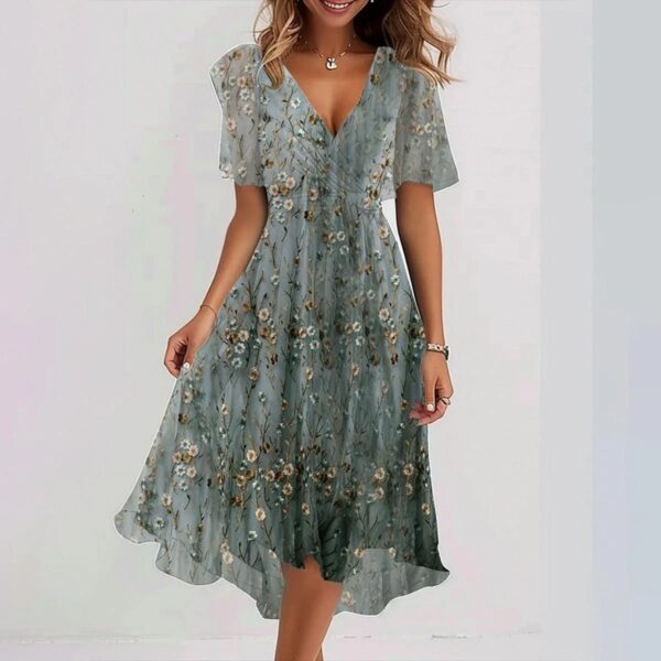 Chiffon Printed Short Sleeve Dress Summer Elegant V-neck Dresses Womens Clothing - Image 8