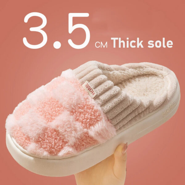 Plaid Plush Slippers Women's Indoor Plush Home Slippers Soft Sole Thick Non-Slip Warm House Shoes Couple Autumn And Winter - Image 5