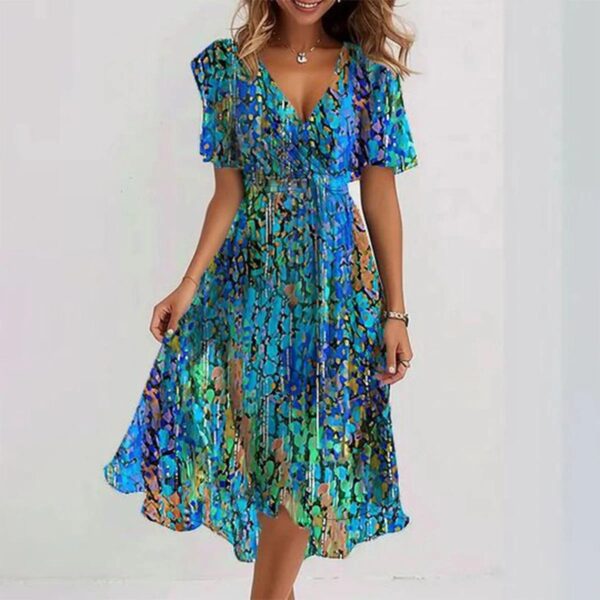 Chiffon Printed Short Sleeve Dress Summer Elegant V-neck Dresses Womens Clothing - Image 9
