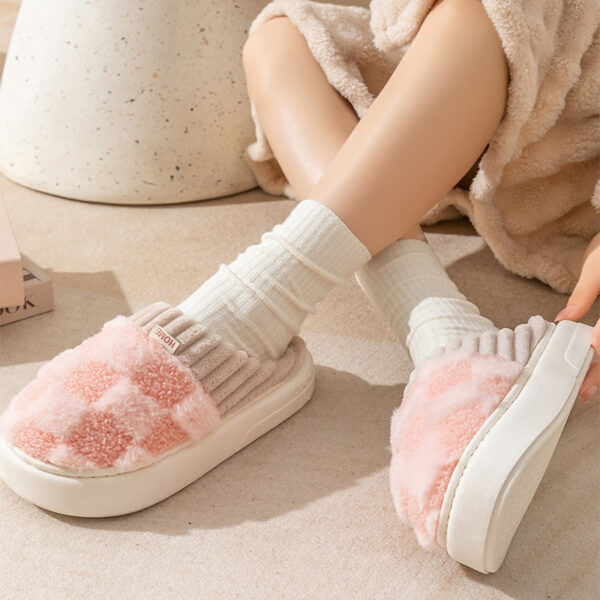 Plaid Plush Slippers Women's Indoor Plush Home Slippers Soft Sole Thick Non-Slip Warm House Shoes Couple Autumn And Winter - Image 8