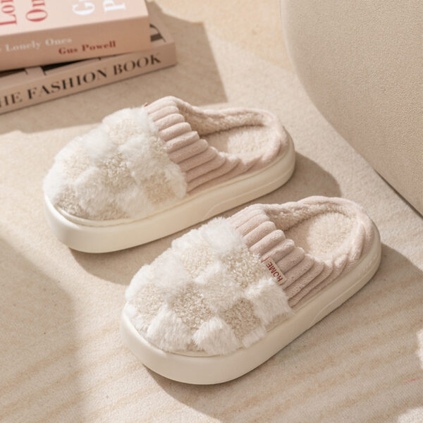 Plaid Plush Slippers Women's Indoor Plush Home Slippers Soft Sole Thick Non-Slip Warm House Shoes Couple Autumn And Winter - Image 4