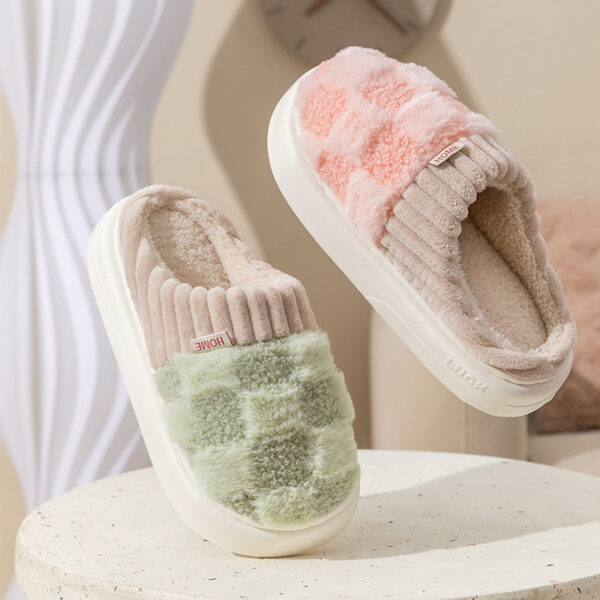 Plaid Plush Slippers Women's Indoor Plush Home Slippers Soft Sole Thick Non-Slip Warm House Shoes Couple Autumn And Winter - Image 2