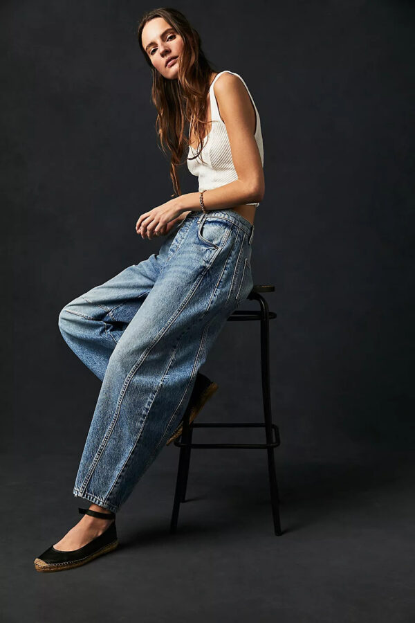 High Stretch Mid-Rise Barrel Jeans Fashion Wide Leg Shape Women Casual Baggy Mid Waist Denim Jeans - Image 5