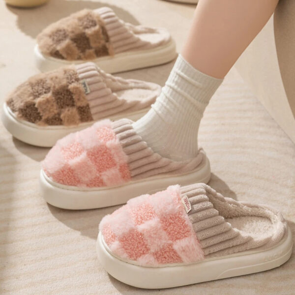 Plaid Plush Slippers Women's Indoor Plush Home Slippers Soft Sole Thick Non-Slip Warm House Shoes Couple Autumn And Winter - Image 9