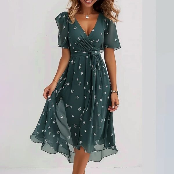 Chiffon Printed Short Sleeve Dress Summer Elegant V-neck Dresses Womens Clothing - Image 10