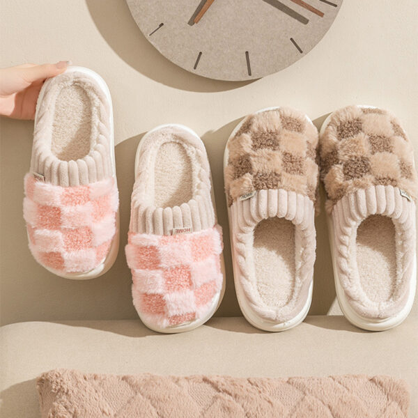 Plaid Plush Slippers Women's Indoor Plush Home Slippers Soft Sole Thick Non-Slip Warm House Shoes Couple Autumn And Winter - Image 3